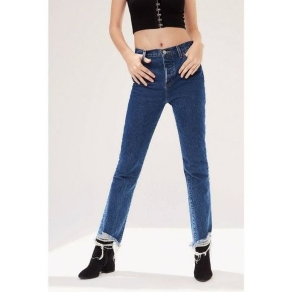 Urban Outfitters BDG Womens high waisted dark wash jeans with raw hem button fly - Picture 1 of 7
